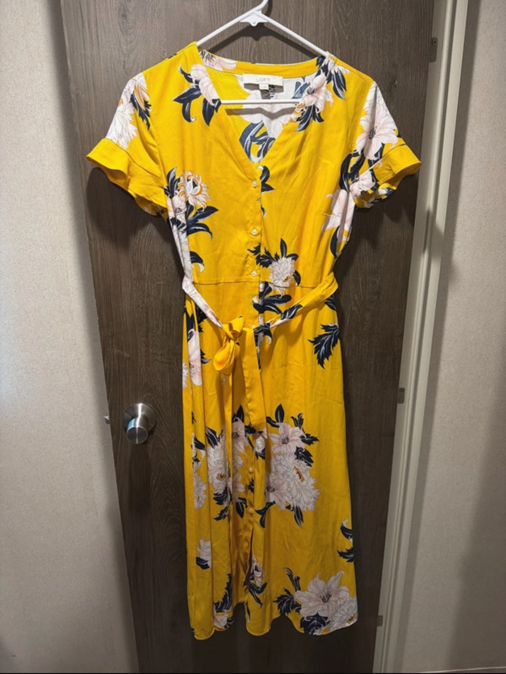 LOFT Bright Yellow Floral Button-Front Midi Dress with Tie Waist